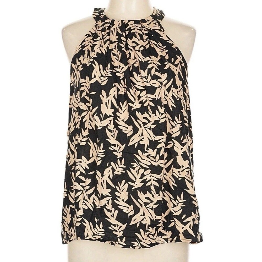 Rachel Zoe Linen Blend Halter Top Blouse Size L Blk Gold Leaf Floral 70s Boho